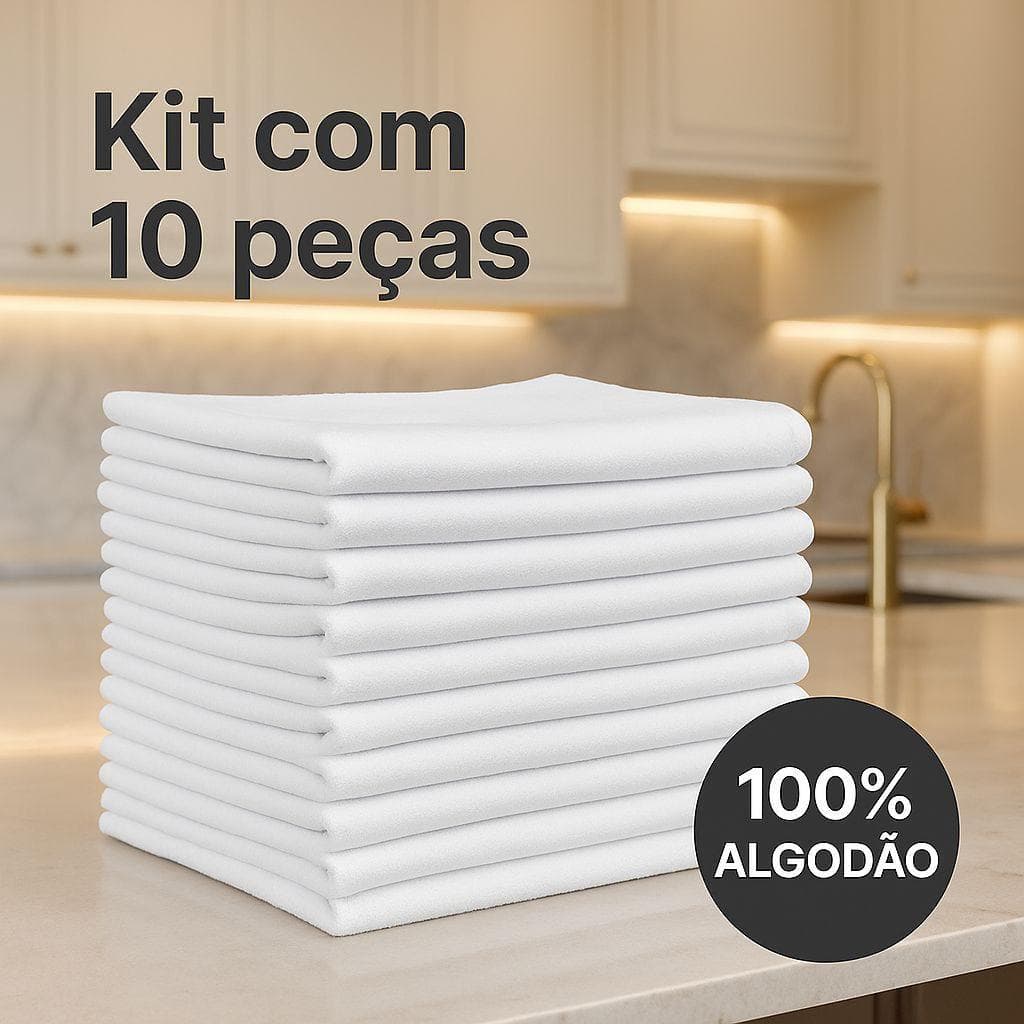Panos de Prato Branco Liso 100% Algodão kit 10 Pé de Galinha Alta Absorção Costura Reforçada