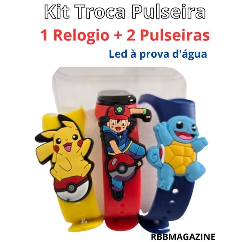 Relógio LED Infantil Pokémon + 2 Pulseiras Extras + Caixa Acrílica