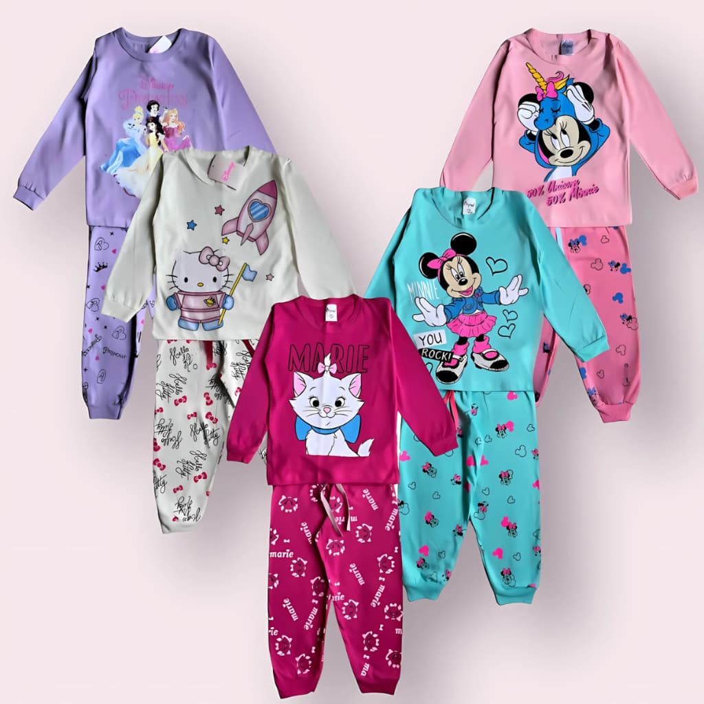KIT 4 peças Pijama infantil MENINA inverno comprido manga longa 2 calças e 2 blusas feminino algodão