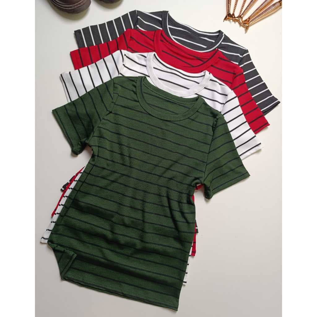 Kit COM 4 Blusa Feminina Listrada – Manga Curta Ribana Canelada Blusinha Slim Prática Casual