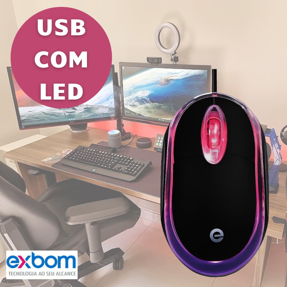 Mouse Óptico Usb Com Led Para Computador Fio Ms-9 Cor Preto