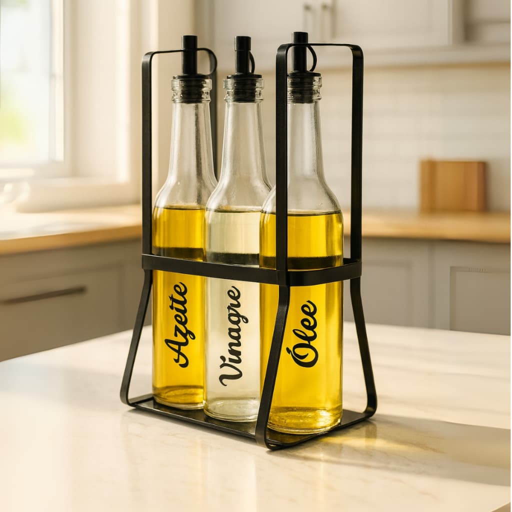 Porta Azeite Galheteiro de vidro 370ml 3 potes + suporte ferro