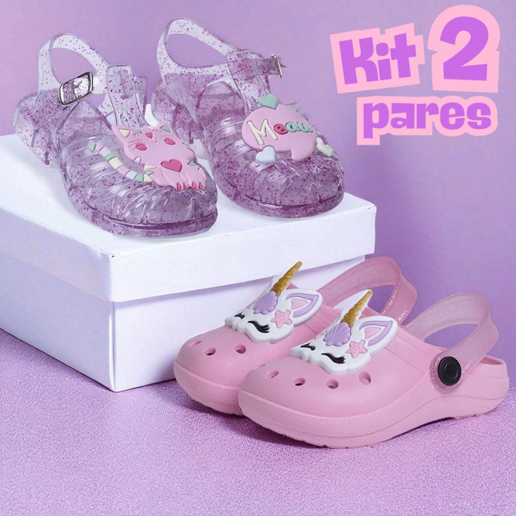 Kit 2 Pares Sandália Infantil Menina Gatinha e Babuche Feminino Unicórnio Confortável