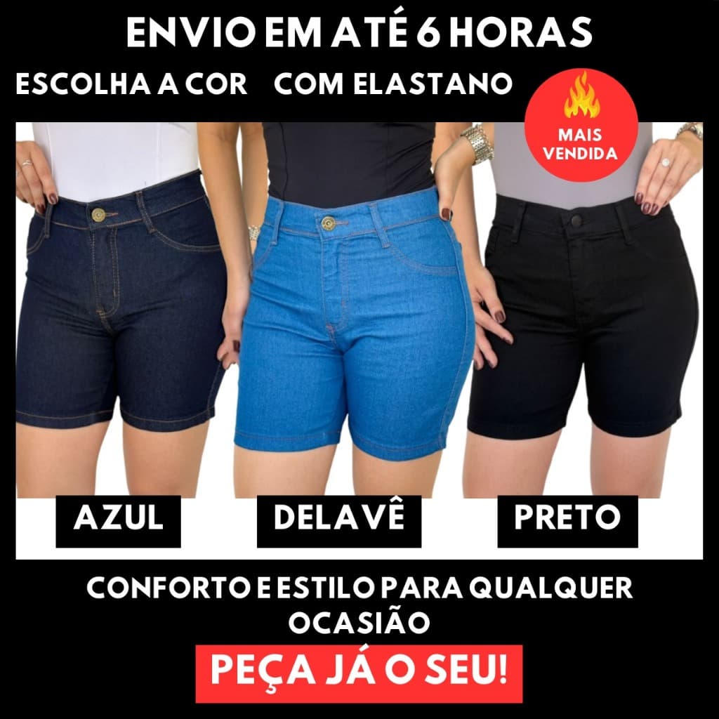 Bermuda Meia Coxa Jeans Feminina Elastano Lycra Cintura Alta Short Levanta BumBum