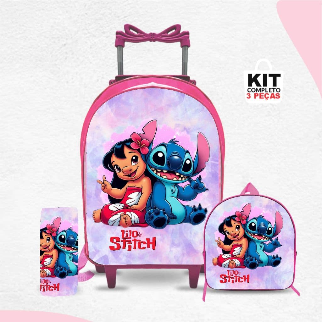 Kit mochila escolar Stitch com lancheira e Estojo - com Rodinhas - Menina-Feminino