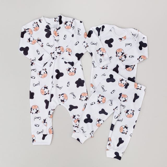 Kit 3 Peças Bebê Suedine  Vaquinha Branco Unissex Antialérgico 100% Algodão Body Calça e Macacão Longo