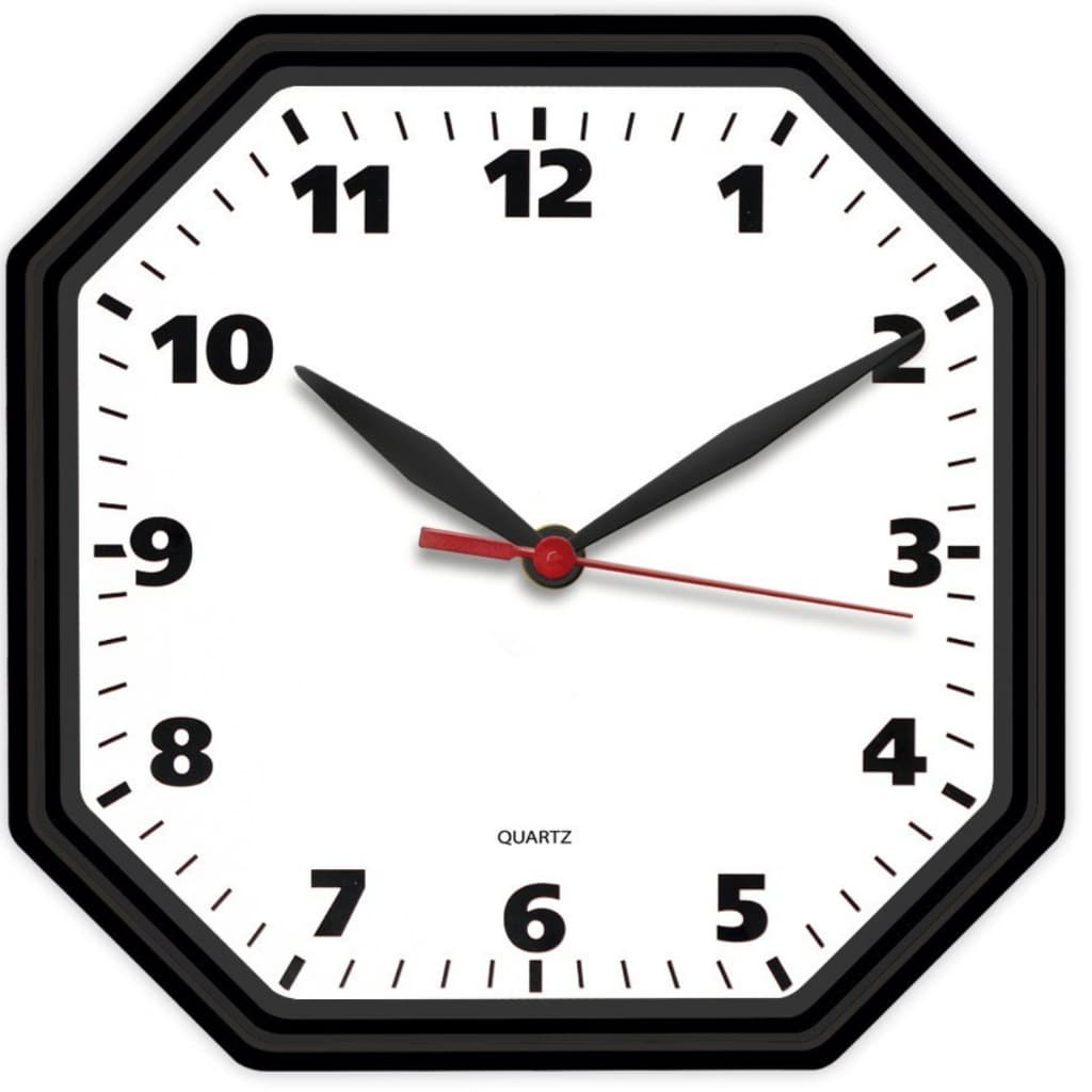 Relógio de Parede Preto Clássico Oitavado Decoração de Sala Cozinha Escritório Mecanismo Quartz Tic Tac 24 Cm