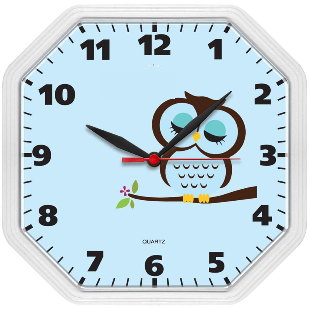 Relógio de Parede Branco Clássico Oitavado Coruja Decoração de Sala Cozinha Escritório Mecanismo Quartz Tic Tac 24 Cm