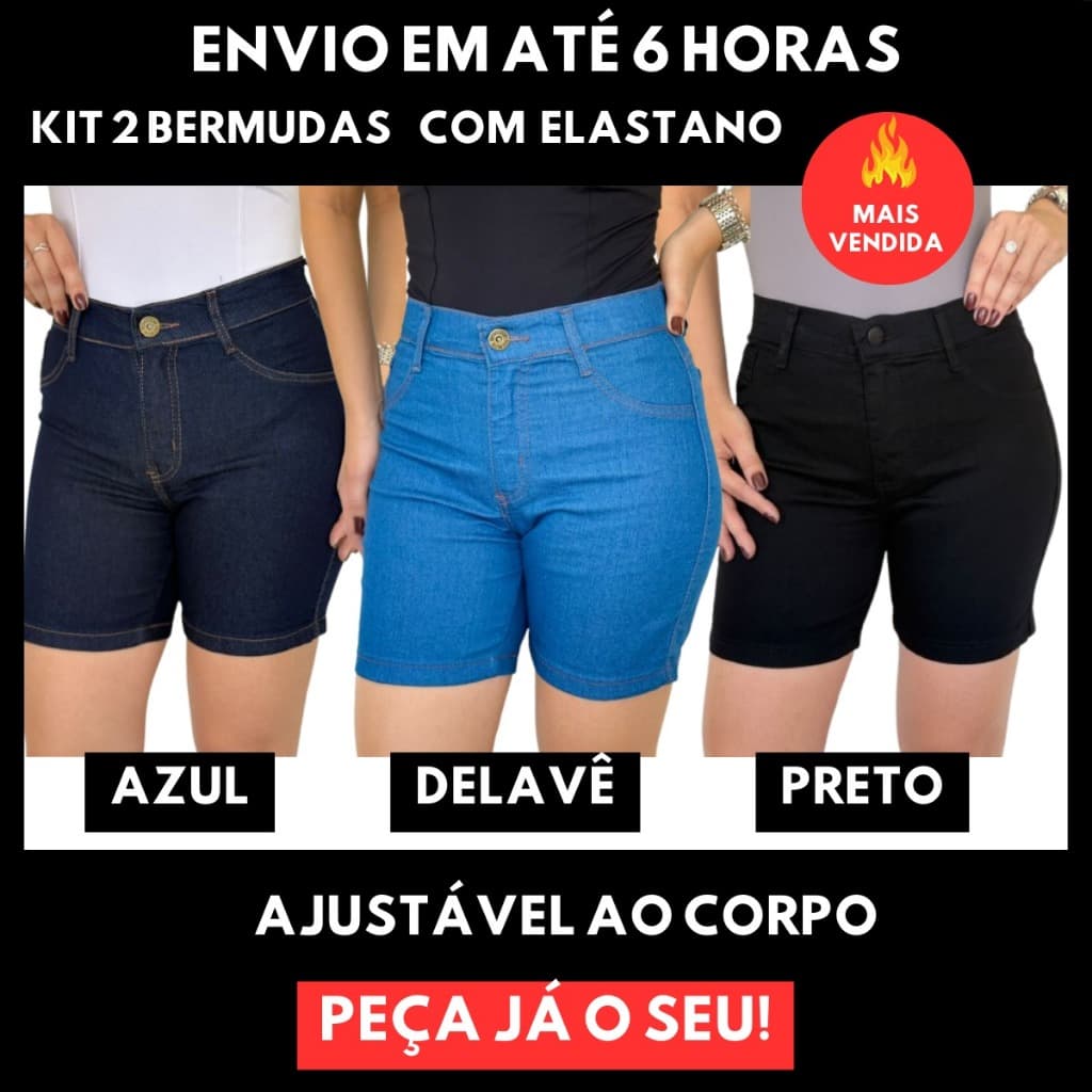 Kit 2 Bermudas Meia Coxa Jeans Feminina Cintura Alta Elastano Lycra Short Levanta BumBum