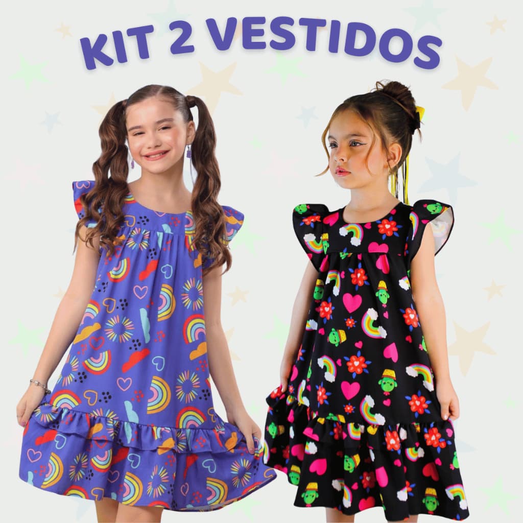 Kit 2 Vestido Infantil Menina Estampado Causal Juvenil Festa Criança Modinha 01 a 14 Anos