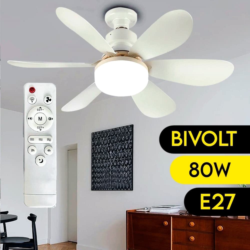 Ventilador de Teto Com Luz Para Pequenos Espaços 6 Hélices 80W 52cm Bivolt Controle Remoto