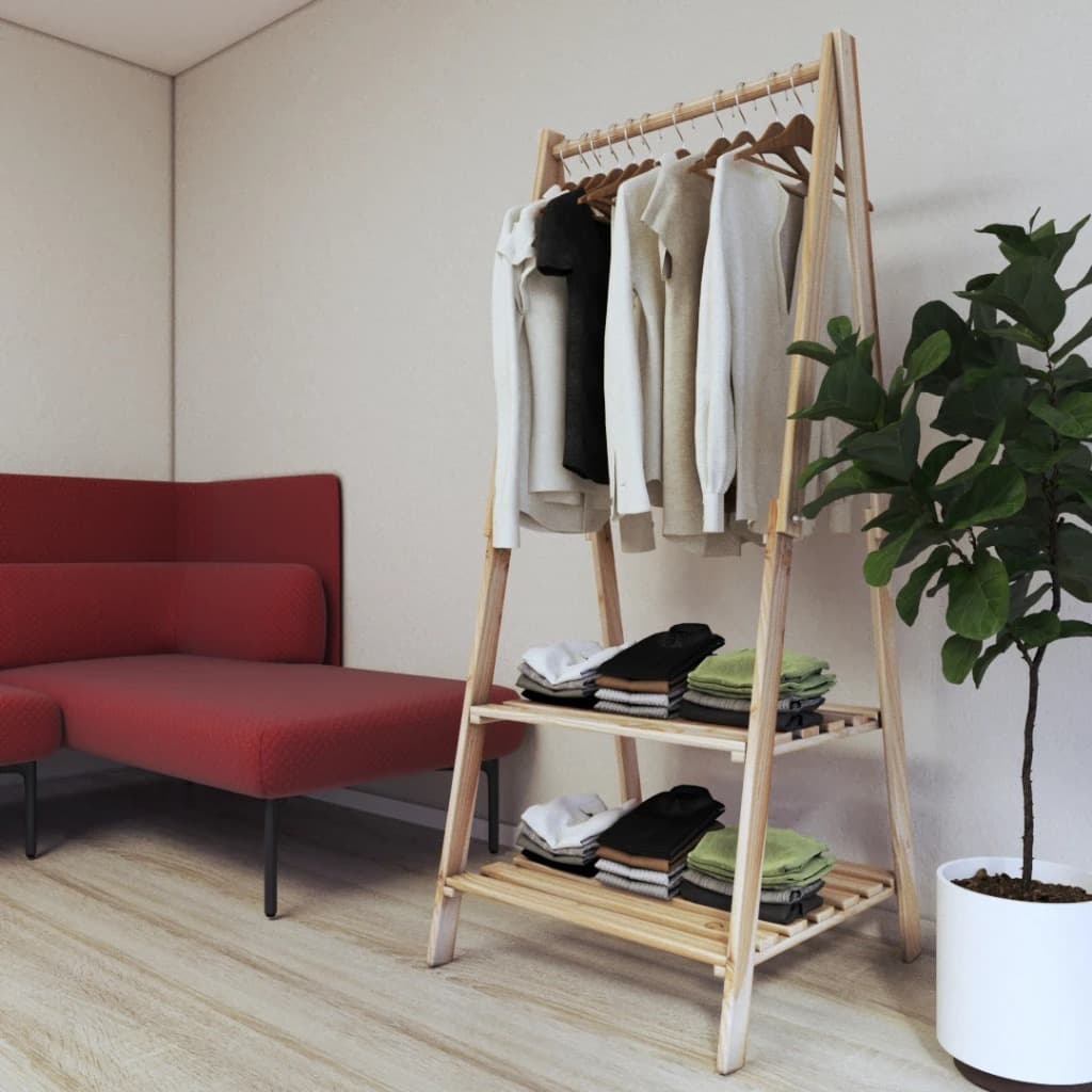 Arara De Esrutura Em Madeira Pinus Vertical Dobrável Para Roupas com Duas Prateleiras