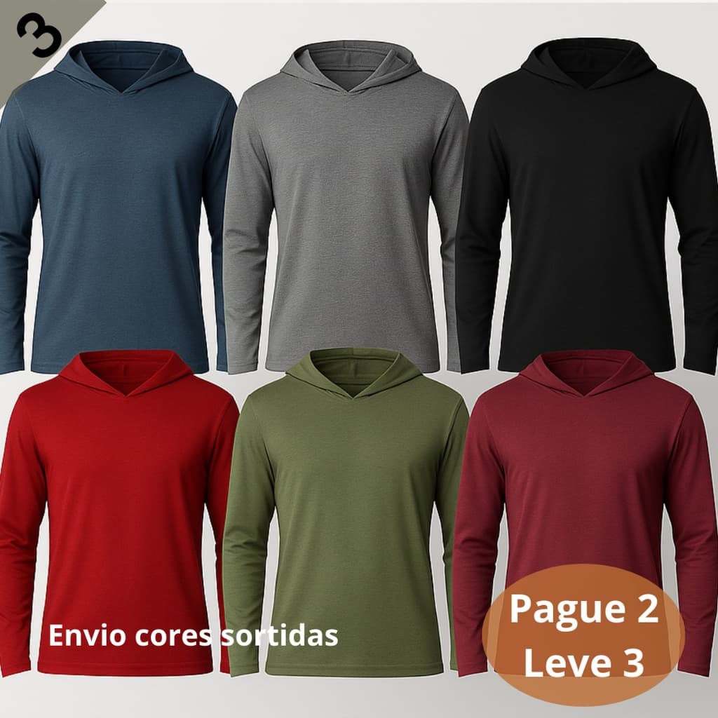 Kit 3 Blusas Com Capuz Camisa Manga Longa P ao EXG Plus Size Cores Sortidas