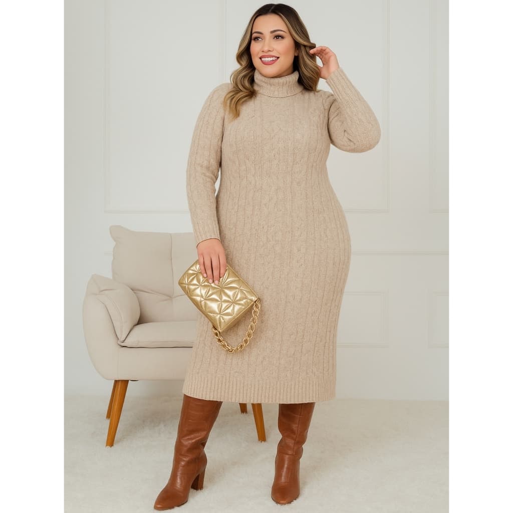 Vestido Longo Feminino Manga Comprida Gola Alta Tricot Malha Inverno Plus Size Gestante Gravida