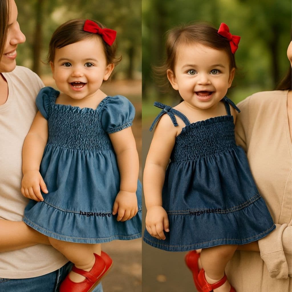 Kit 2 Vestidos Jeans Com Manga/Alça Infantil Menina Bebe Elastex Confortável Fresco Estilosa