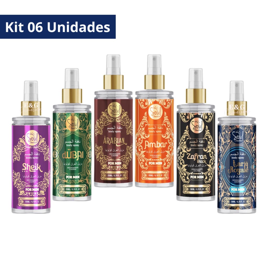Kit 06 Body Splash Desodorante Colônia Árabe Masculino Soul Cosméticos 200ml