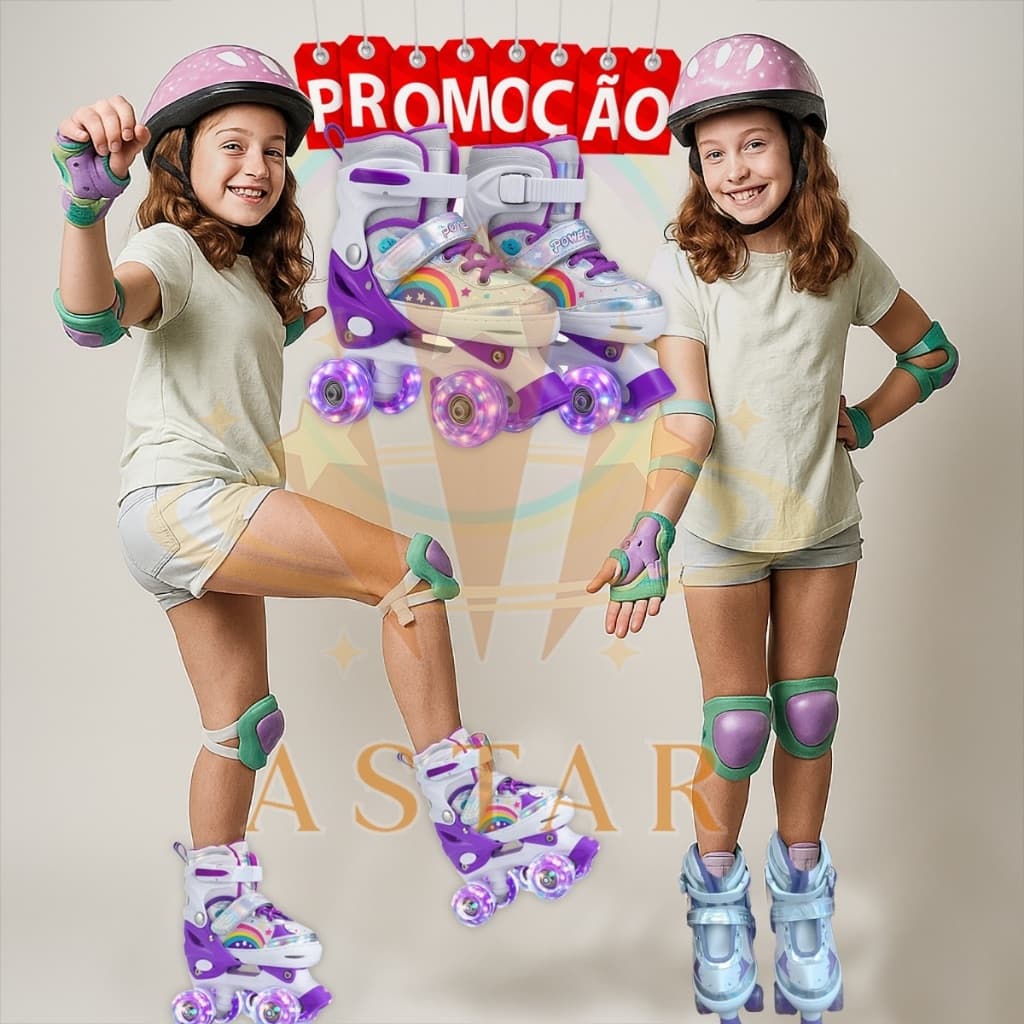 Patins Infantil 4 Rodas Led + Proteção Ajustável Meninas Meninos Patins Quad Promoção
