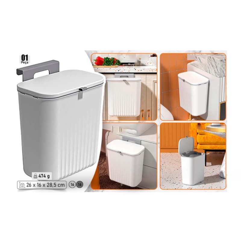 Lixeira suspensa Autoadesiva 9L c/ tampa multiuso-Lixeira Plástica Pendurar,S/ furos-lixeira de Banheiro,Cozinha automat