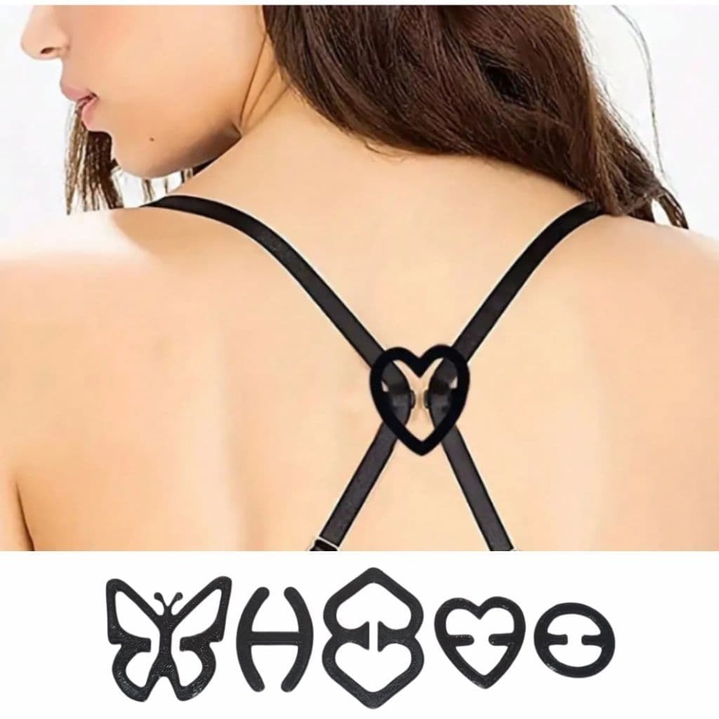 Kit 5 Clips Prendedor P/ Alça De Sutiã Realça Busto (Borboleta, Coração, H, Coração duplo e Redondo)