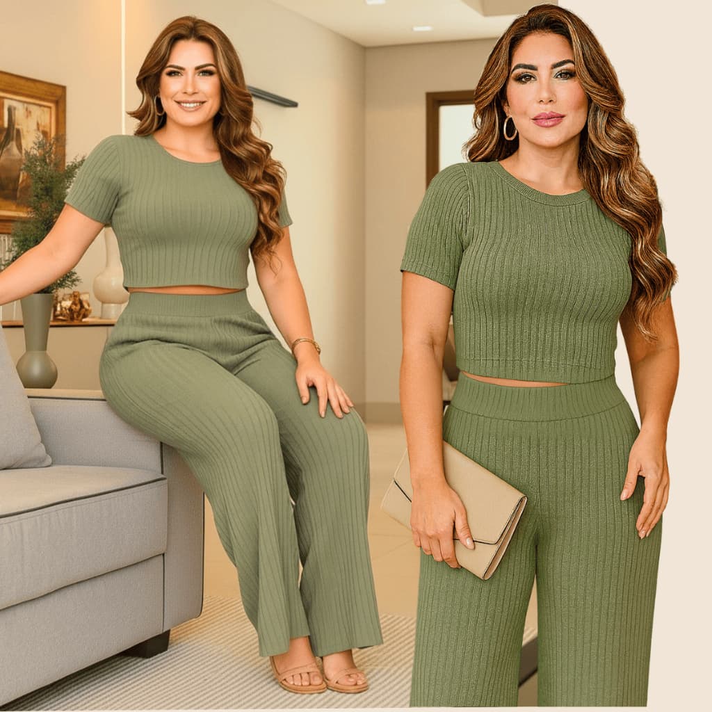 Conjunto Feminino Calça Pantalona e Cropped Manga Curta - Malha Canelada Premium Toque de algodão
