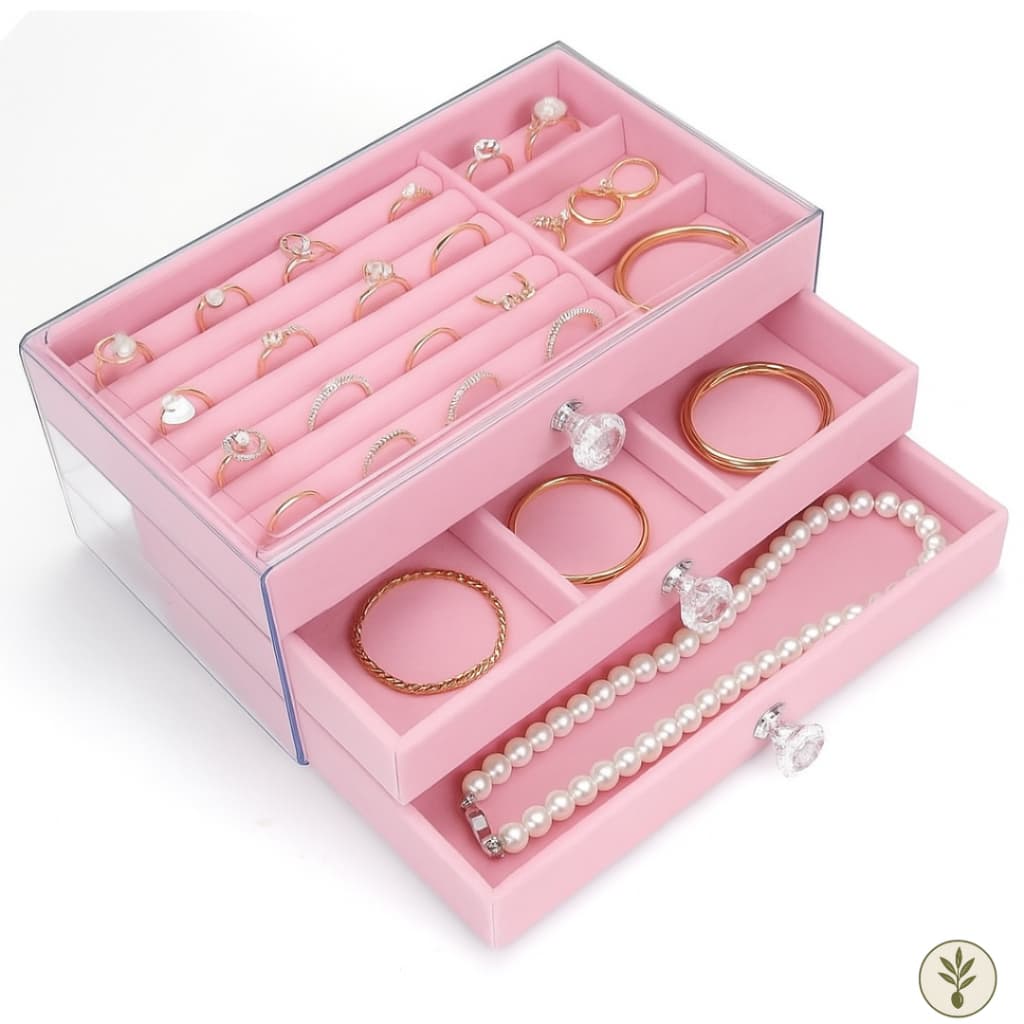Porta Joia Acrílico Luxo 3 Camadas Brinco Anel Compartimento Rosa