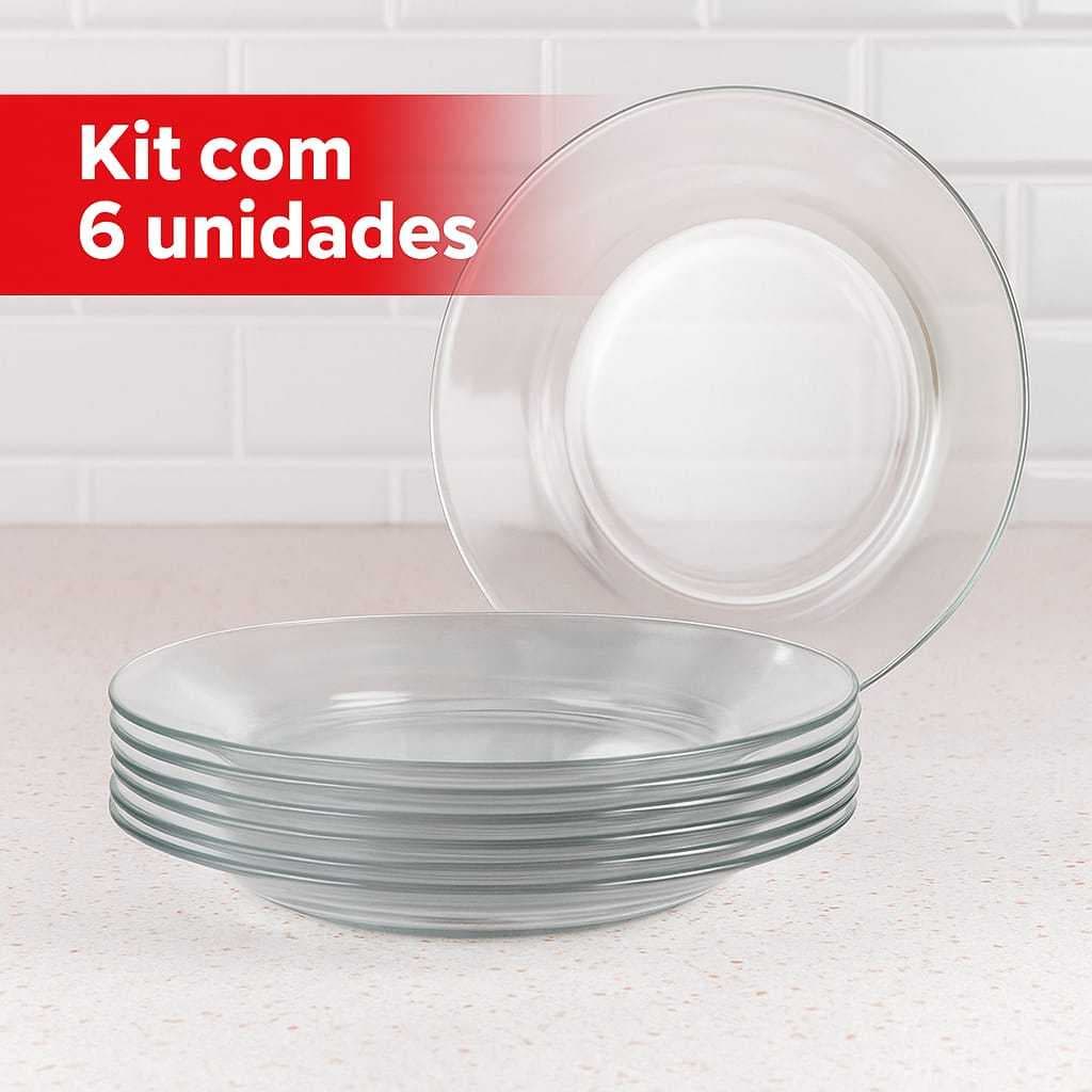 Jogo De Pratos Fundos Em Vidro Liso Transparente Kit 6 Peças Almoço E Jantar Ideal para Decoupage