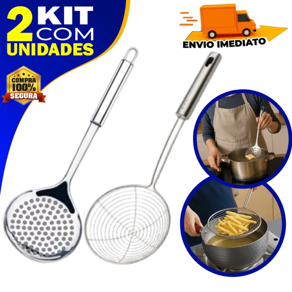 Kit 2 Escumadeiras Inox | Aramada Resistente p/ Cozinha e Fritura em Aço Inoxidável Premium