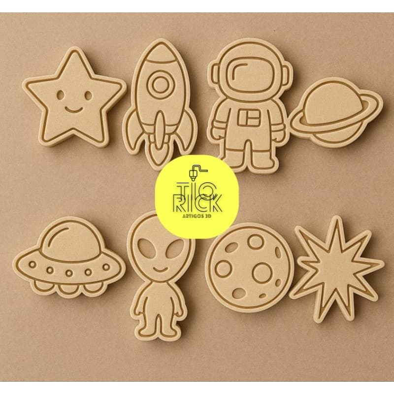 kit 8 peças cortador e marcador tema espaço para biscoitos, pasta americana e outros