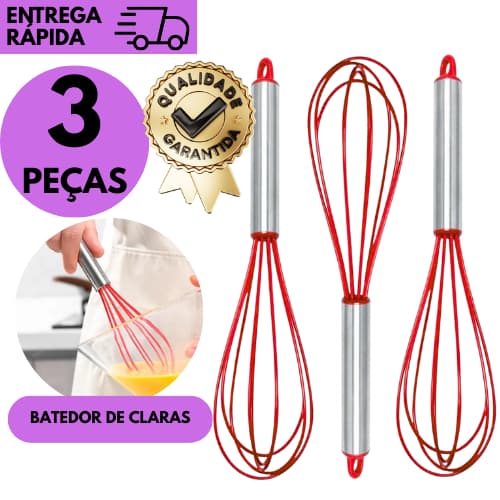 Kits 3/2 ou 1 Batedor Fouet Vermelho Silicone 🥄 Utensílio de Cozinha Para Bolos, Ovos e Massas
