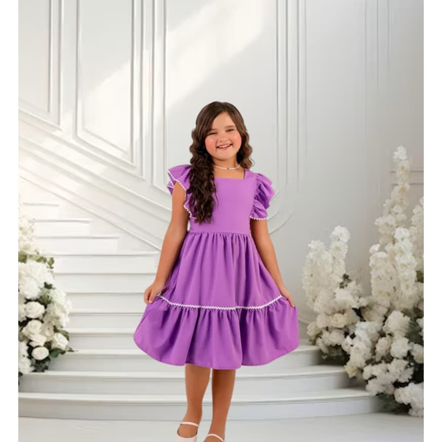 Vestido Infantil Menina Liso Com Laço Rodado Colorido Para Eventos Festas Ou Casual