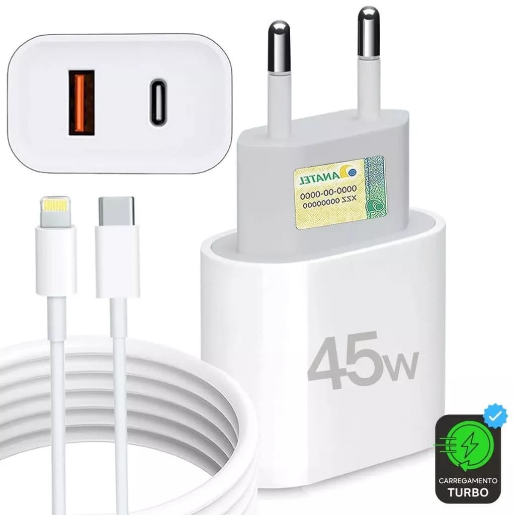 Carregador Iphone Turbo Fonte 45W 2 Entradas USB e USB-C + Cabo Lightning Ultra Rápido Iphone 6 7 8 X XR XS 11 12 13 14
