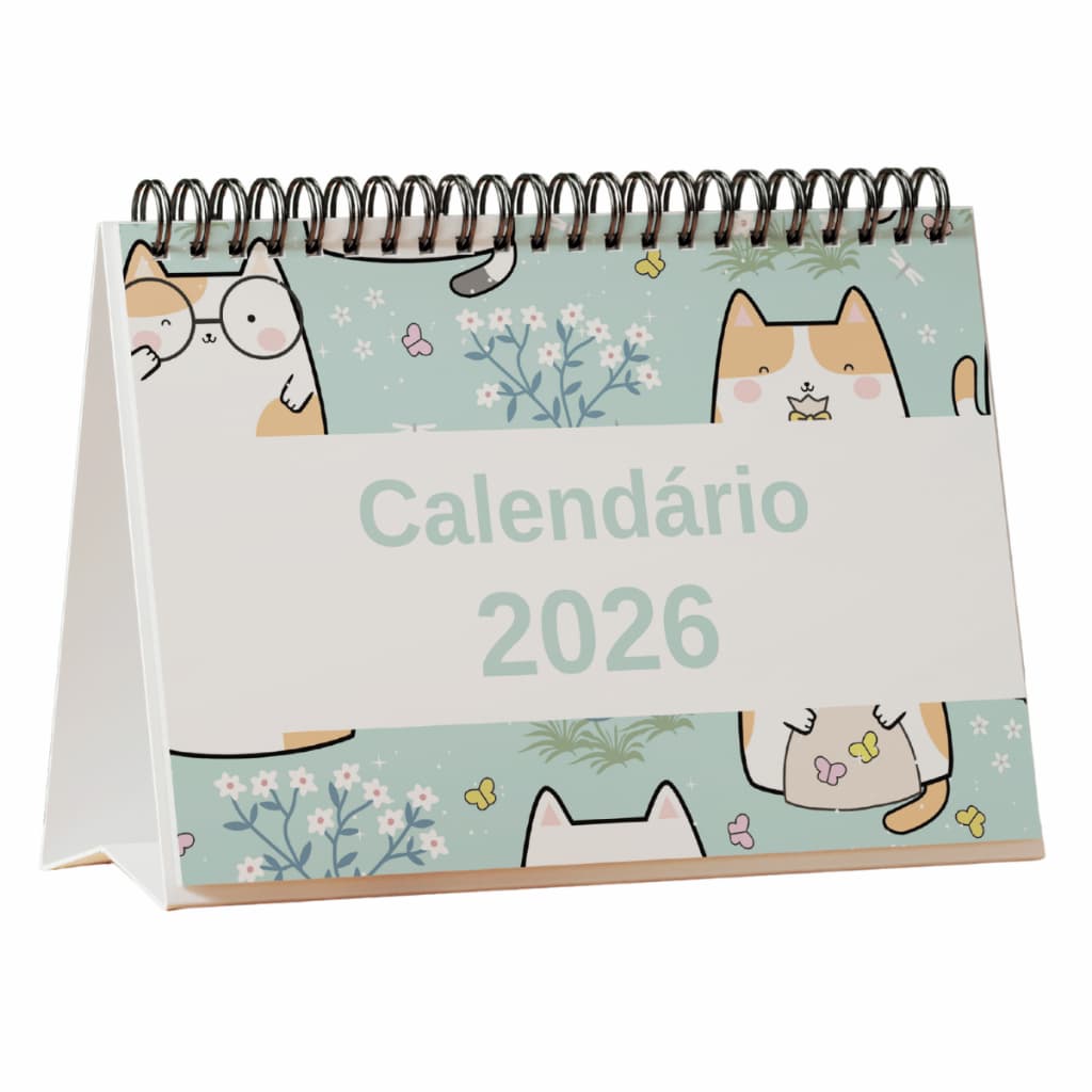 Calendário de Mesa Decorativo 2026 Gatinhos Fofos A5 Planner Cute Cats Personalizado Achala