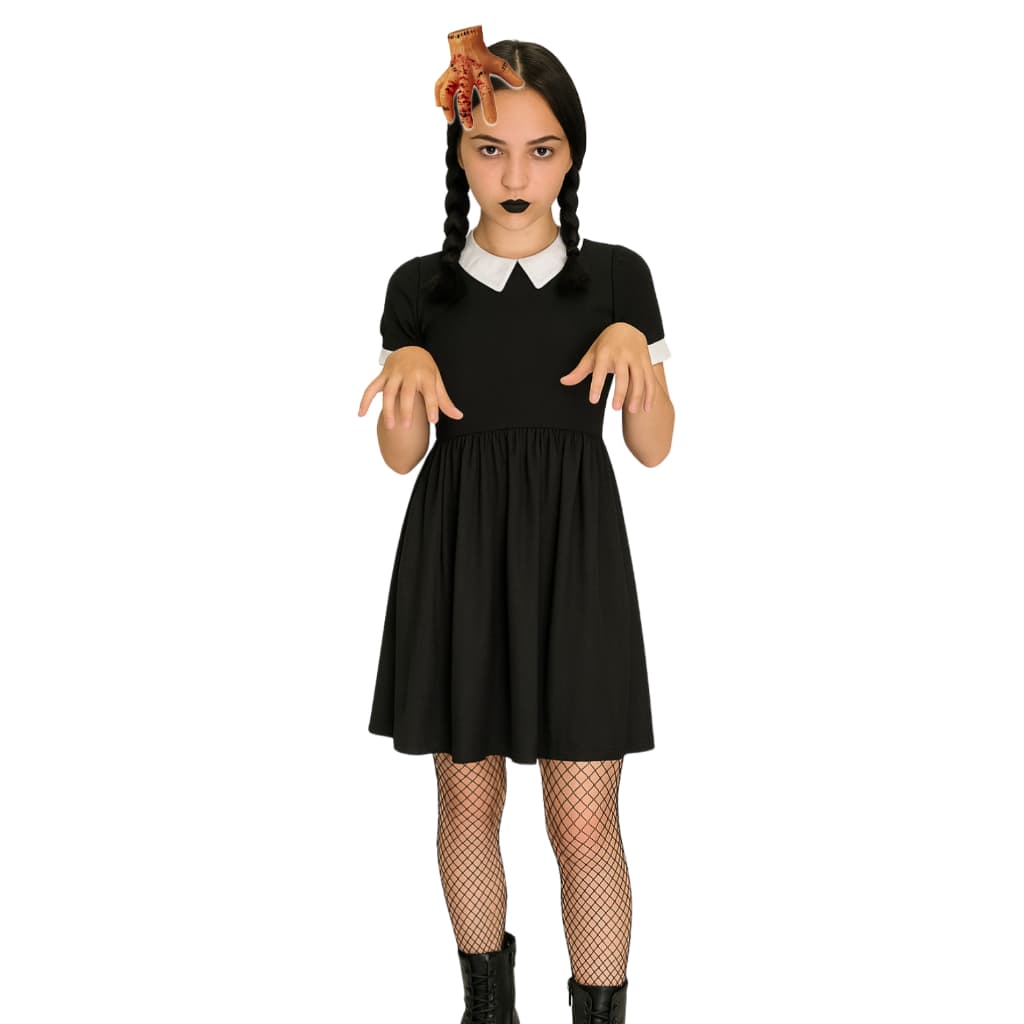 Kit Vestido Fantasia Wandinha Addams + Mãozinha Tic Tac Vestido Vandinha Fantasia de menina halloween