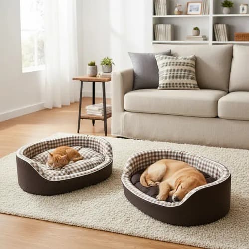 CAMA PARA CACHORRO e GATO CAMINHA PET LAVÁVEL E RESISTENTE FUNDO IMPERMEÁVEL BINNOPET DUBAI XADREZ BEGE