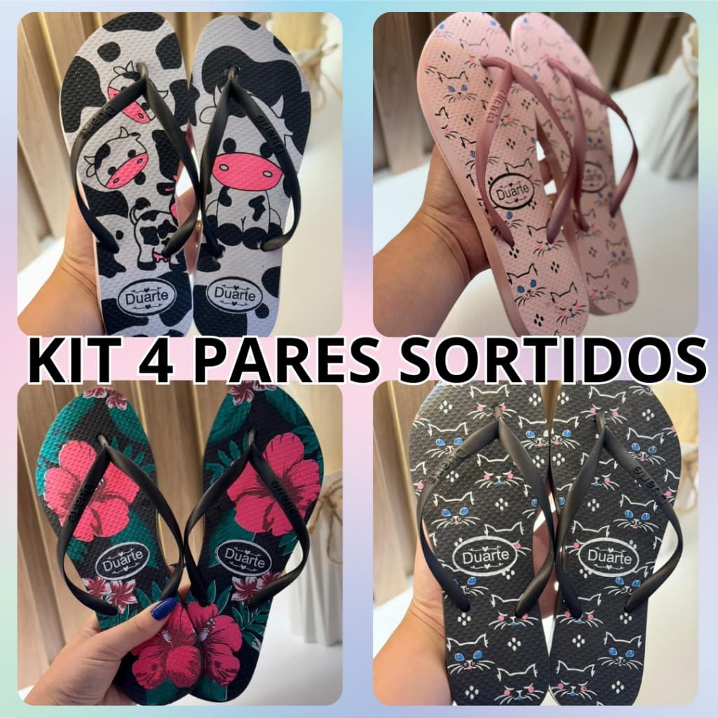 Kit 4 pares chinelo de dedo estampado confortavel variado envio imediato mais por menos