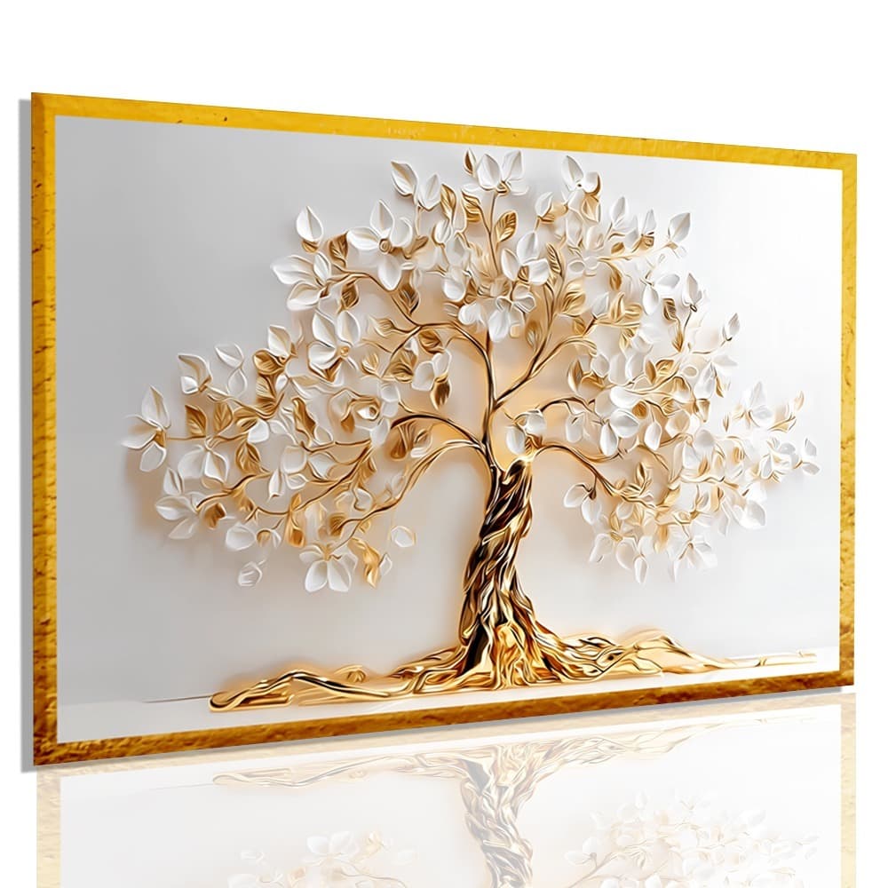 Quadro Decorativo Grande Arvore Da Vida Petala Branca e Dourada Ideal para Quarto Sala Hall Casa