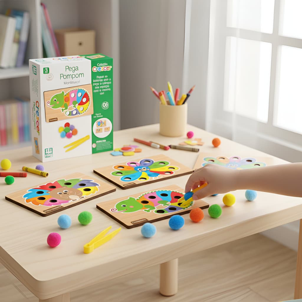 Jogo Pega Pom Pom Em Madeira Coordenação Motora E Distinção De Cores - Nig Brinquedos