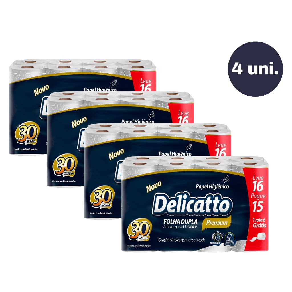 Kit 4 Pacotes Papel Higiênico Delicatto Folha Dupla Neutro 64 Rolos 30 metros