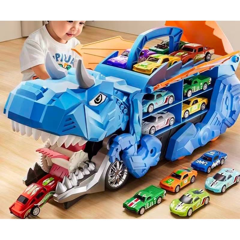 Novo 2026 Caminhão Dinossauro engolidor e Porta-carrinhos com 4 Carrinhos de Fricção.🚚