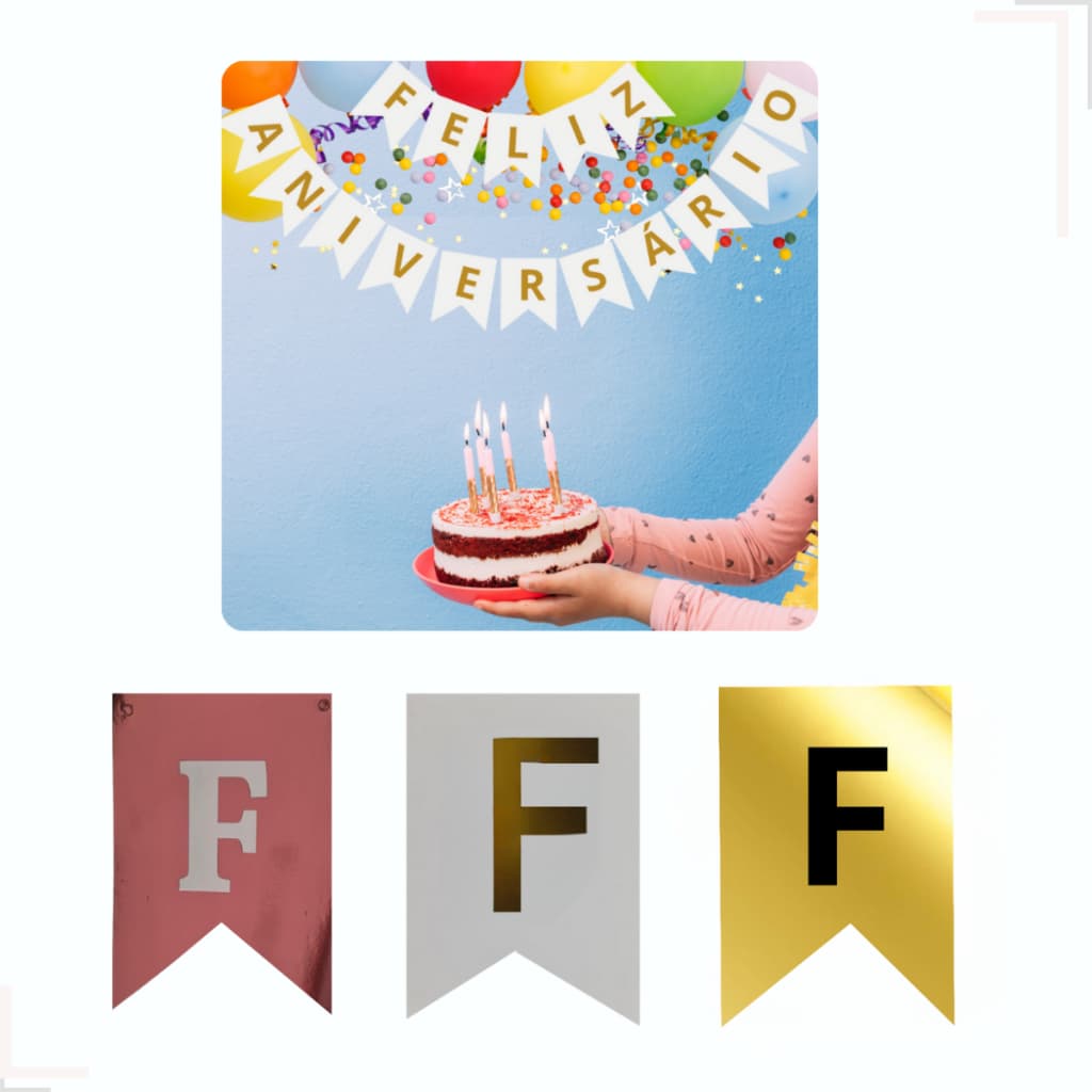 Bandeira, Faixa Decorativa Feliz Aniversário, Letras Douradas, Pratas Metalizadas e fosca