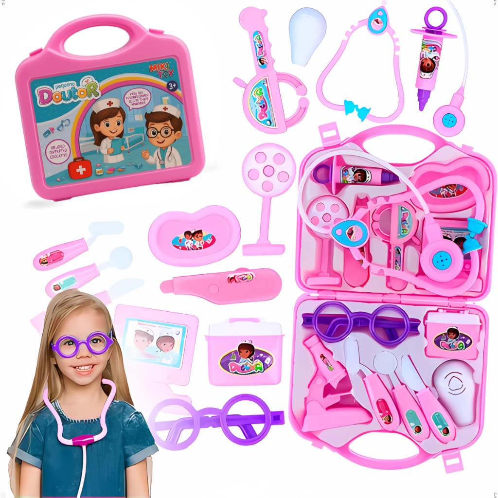 Kit Médico Infantil Educativo com Mala Rosa Menina Portátil Brinquedo Completo com Acessórios
