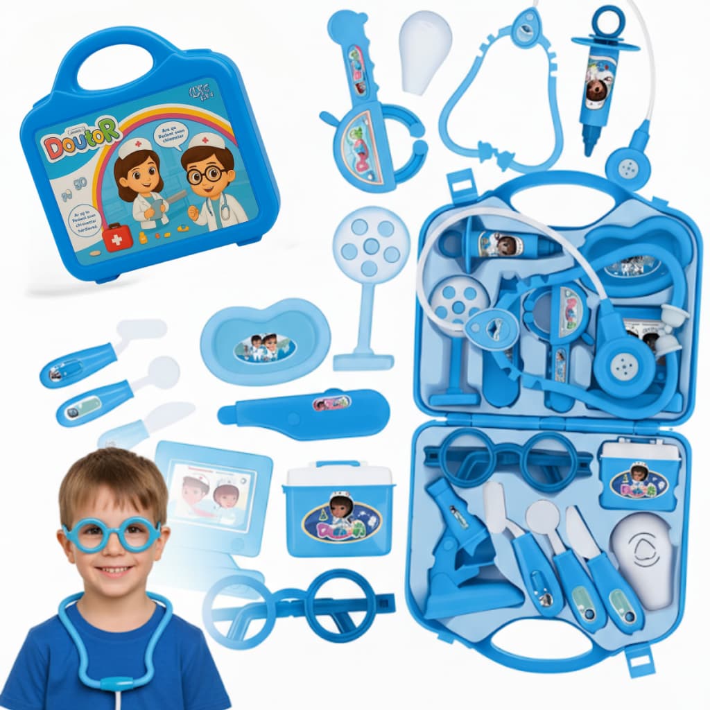 Kit Médico Infantil Menino Azul Brinquedo Educativo Completo com Acessórios Doutor Mala Portátil