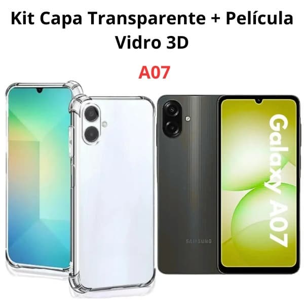 Kit Capinha Anti-Impacto Transparente + Película Vidro 3D P/Samsung A07