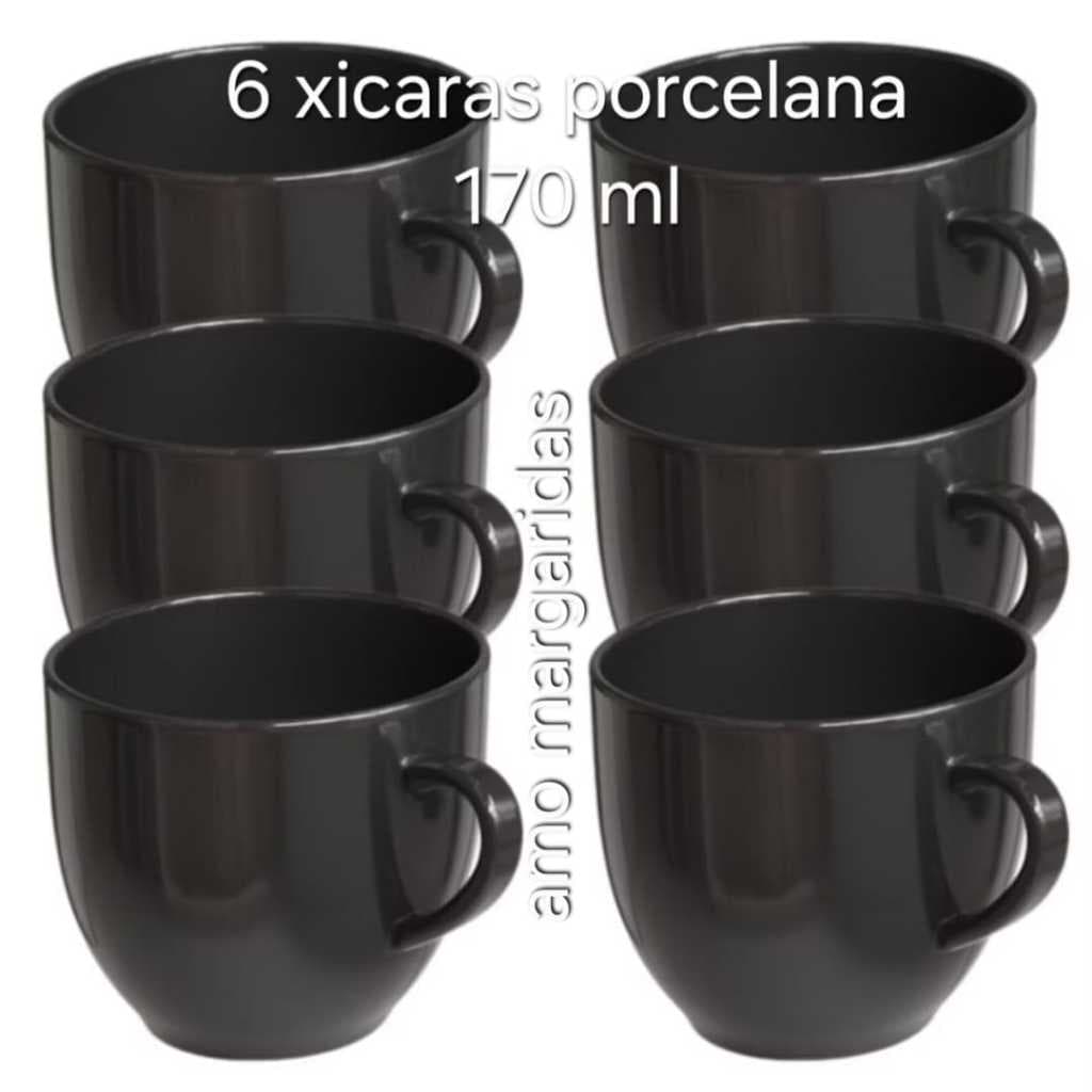 Jogo Xicara Conjunto Caneca Porcelana Preta Lisa kit Cha Cafe Leite 170 ml Chicara Hotel Casa Cozinha Preto Preta.