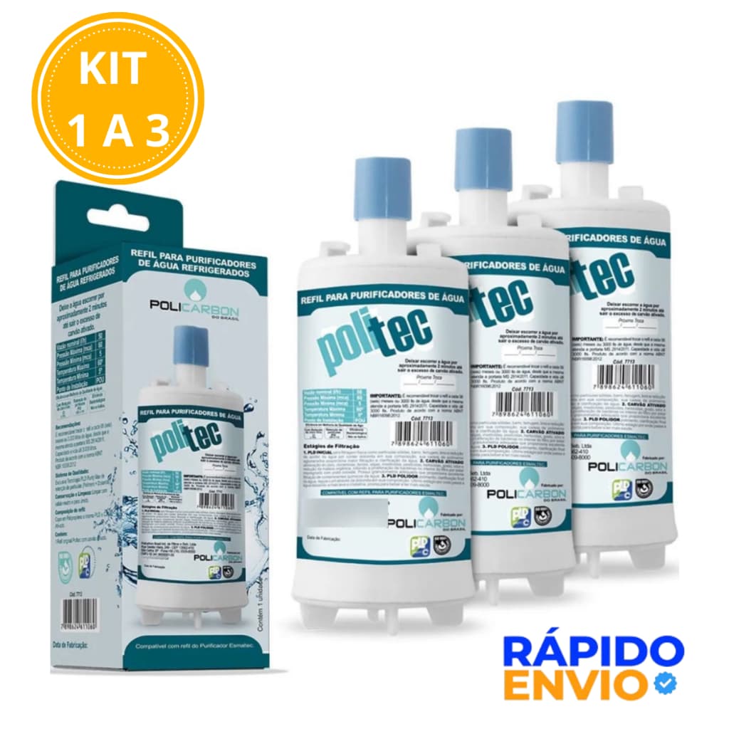 Kit 1 a 3 Refil Filtro Vela para purificador de água compatível Esmaltec Puragua Acqua 7