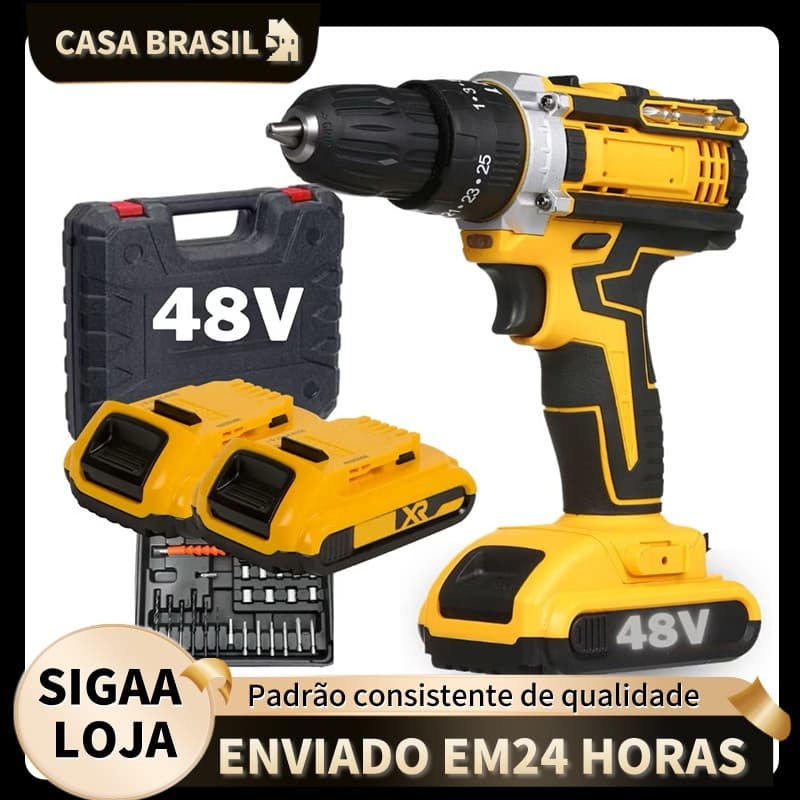 Parafusadeira 48V/21V/18V Recarregável Kit Profissional Com 1 ou 2 Baterias, Maleta e Acessórios Completos