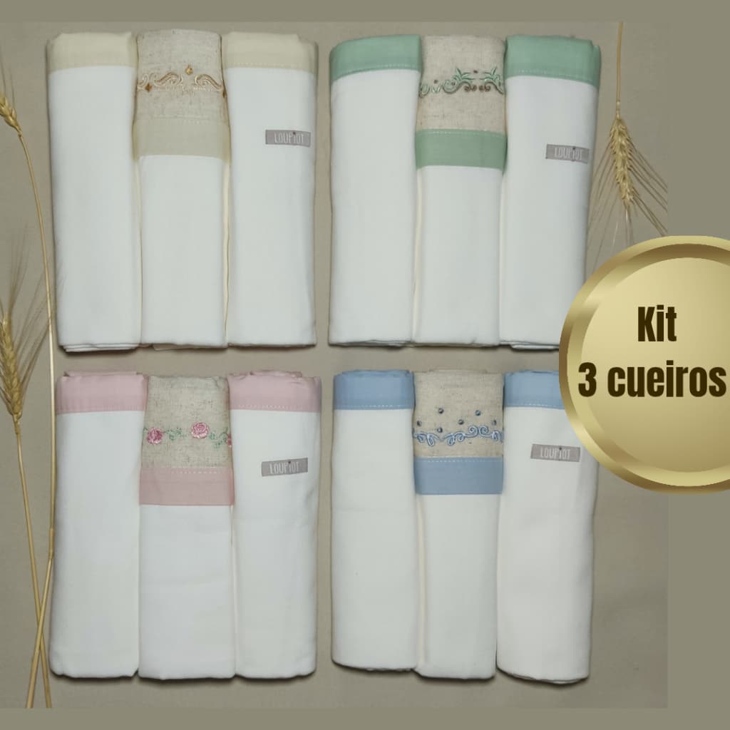 Kit Cueiros bebê, manta, bordado, flanelado 80cm x 80cm 3 pçs 100% algodão.