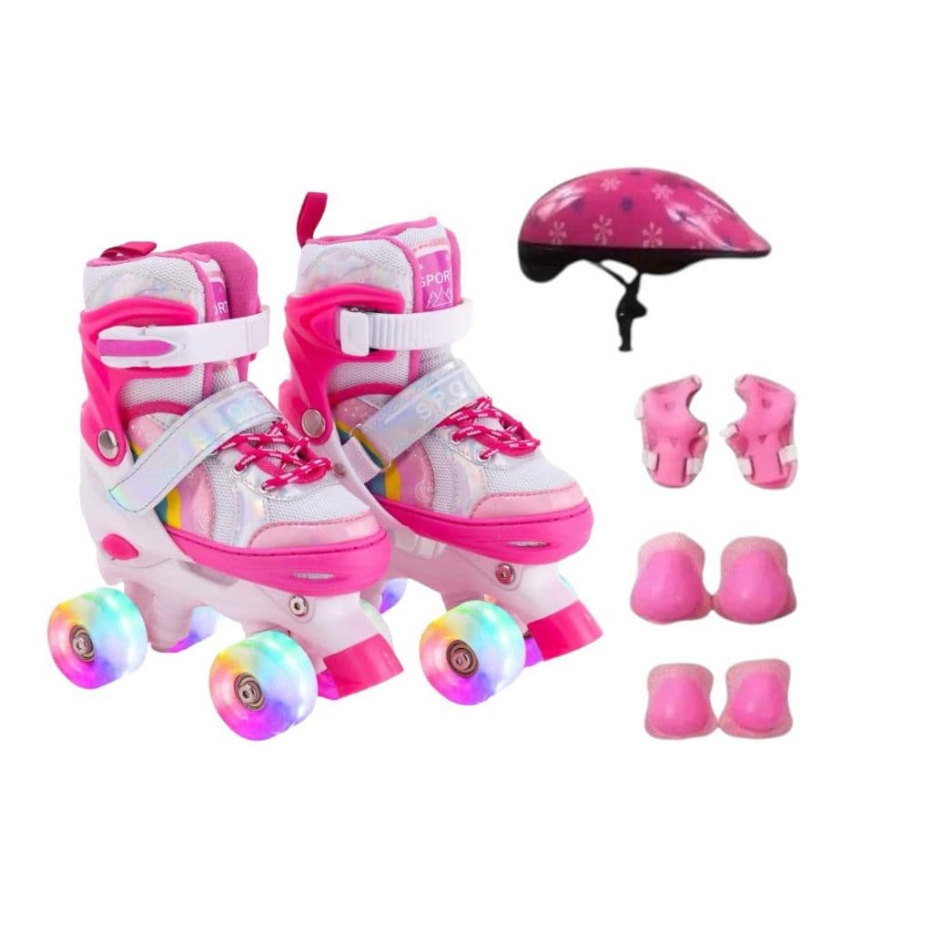 Patins Infantil Arco Íris Rosa/Rosa 4 Rodas Regulável com luz de LED Com e Sem Kit de Segurança