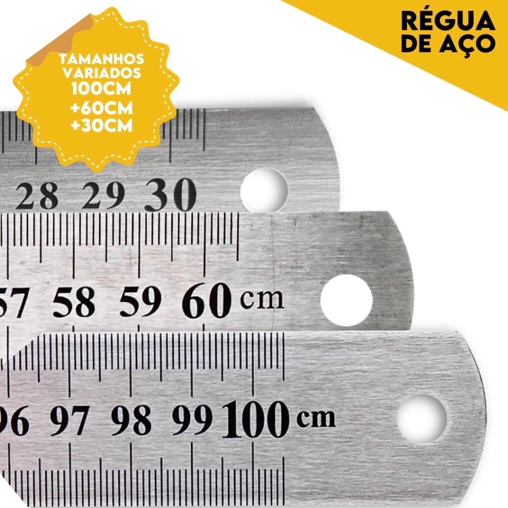 Régua De Metal Em Aço Inox - Patchwork - 30 Cm/ 60 Cm/ 1 Metro - SHFA