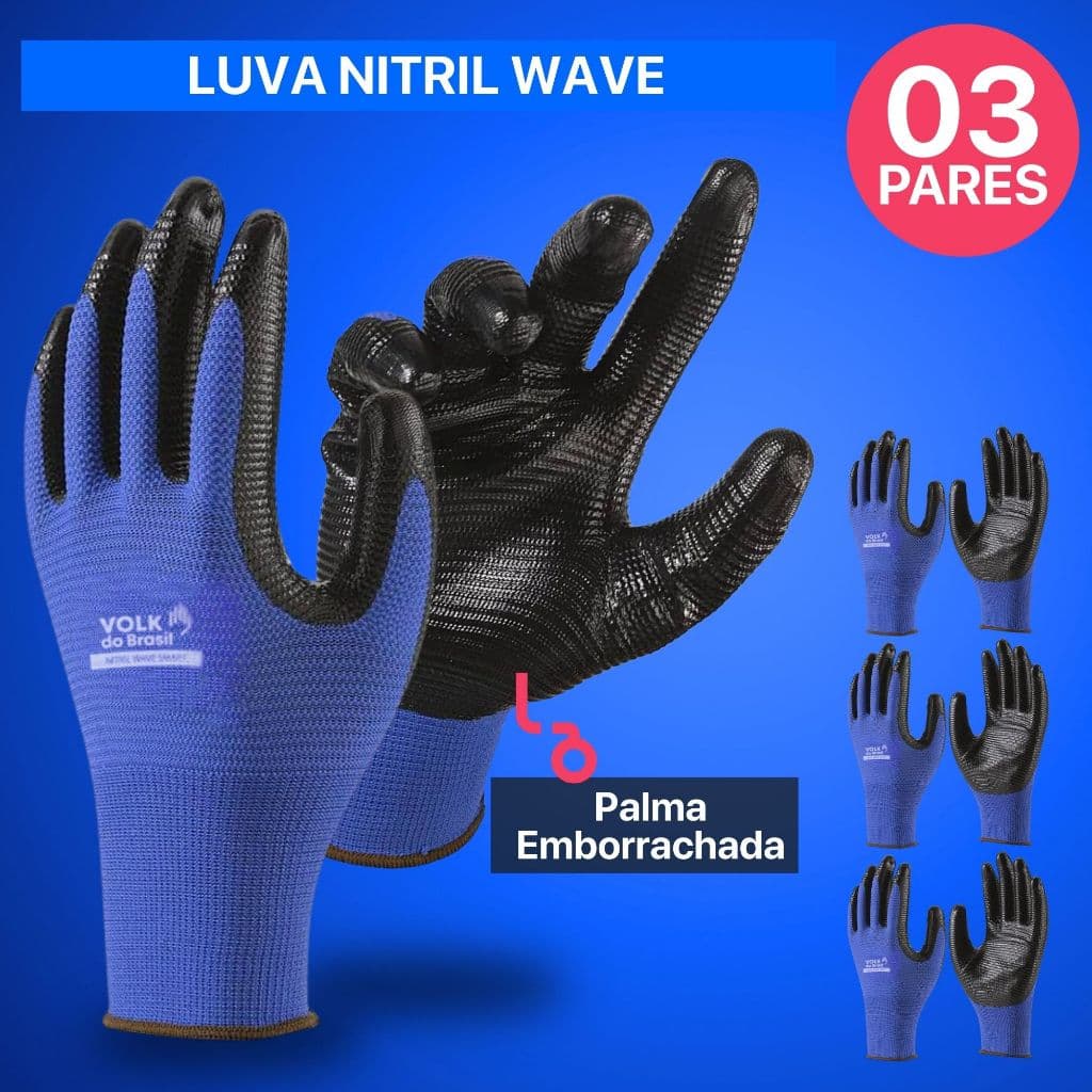 Kit 3 Pares Luva Nitril Wave Smart Latex Banho Nitrilico Multitato Volk Ideal Para Óleo Mecânico